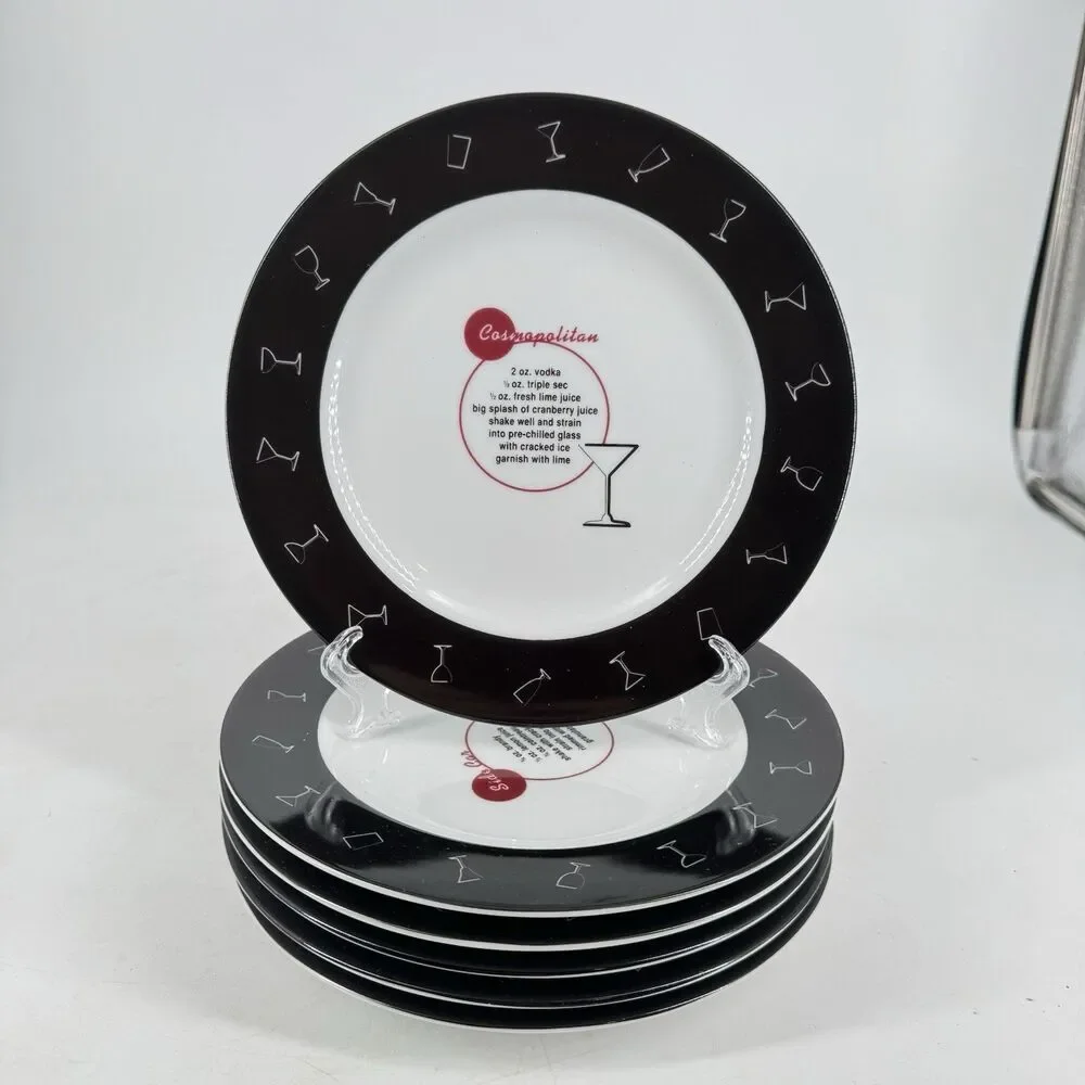 Pottery Barn Retro Bar Mixed Drinks 8 1/8” Dessert Salad Plates Set of 6